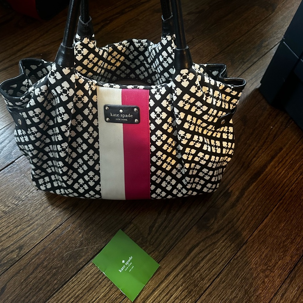kate spade Black and White Patterned Shoulder Bag with Pink and White Stripe